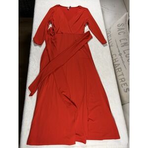 ASOS Women's Red Midi Wrap Dress 3/4 Sleeve Stretch Size 6 V Neck Tie Belt